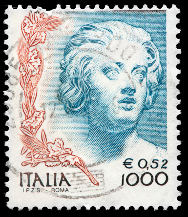 Italian Postage Stamp Illustrating Historic Statue-like Female and Flowers 