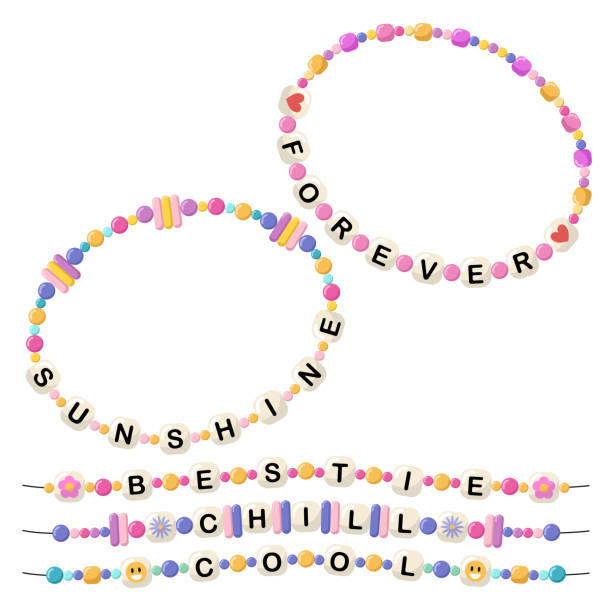 Bracelets with words forever, sunshine, bestie, chill, cool Collection of vector jewelry and children's ornaments. Bracelet made of handmade plastic beads. Set of bright colorful braided bracelets with words from letters forever, sunshine, bestie, chill, cool. friendship bracelets hands stock illustrations
