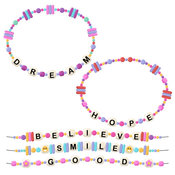 Bracelets with words dream, hope, believe, smile, good Collection of vector jewelry and children's ornaments. Bracelet made of handmade plastic beads. Set of bright colorful braided bracelets with words from the letters dream, hope, believe, smile, good. friendship bracelets hands stock illustrations