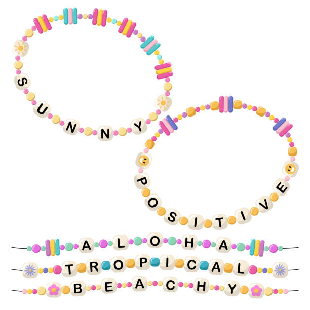 Bracelets with words sunny, positive, aloha, tropical, beachy Collection of vector jewelry or children's ornaments. Bracelet made of handmade plastic beads. Set of bright colorful braided bracelets with words from letters sunny, positive, aloha, tropical, beachy friendship bracelets hands stock illustrations