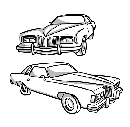 Vintage car from 1975, showing two angles. Sketch illustration in vector format