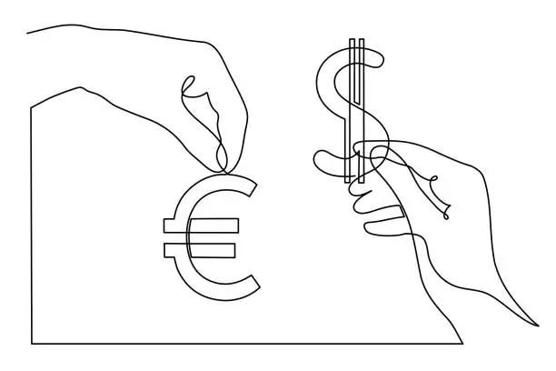 Vector illustration of Currency exchange,one line art,hands with currency continuous contour drawing,hand-drawn international financial valuta business sign,trendy template for web design,social media.Editable stroke.Vector