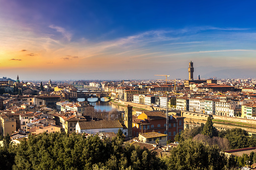 Panoramic aerial view of Florence at sunset, Italy