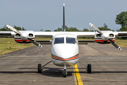 Cessna 172 Skyhawk small four-seat, single-engine, high wing, fixed-wing aircraft parked at the tarmac of Lelystad airport in Flevoland, The Netherlands