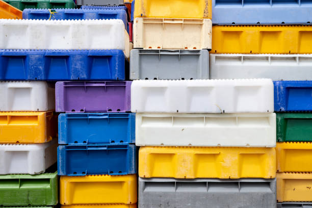 colorful plastic crates for transport and storage of fresh fish