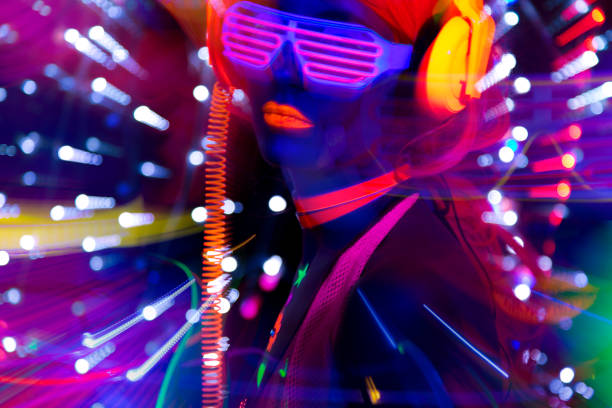 istock Female dancing in glow UV costume 1623517426