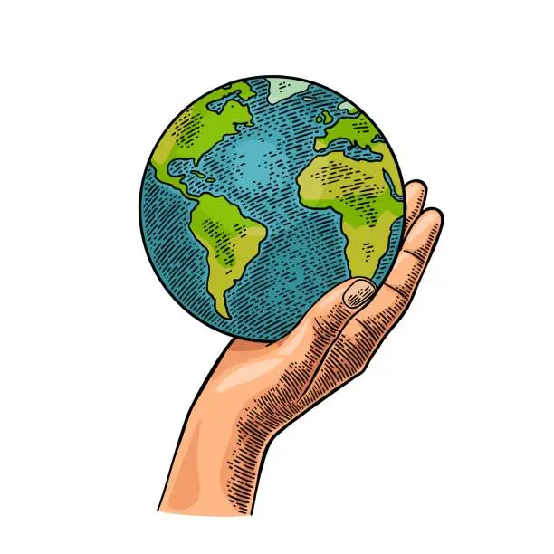 Vector illustration of Hand holding planet earth. Engraving vintage vector color illustration