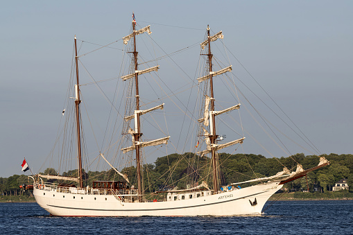 Kiel, Germany - June 20, 2021: three-masted barque Artemis in the Kiel Fjord