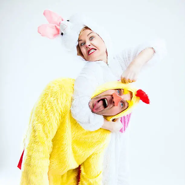 Photo of Easterrabbit and chicken fighting