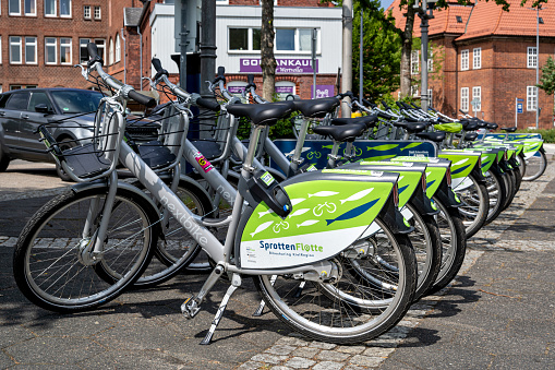 Eckernförde, Germany - June 20, 2021: SprottenFlotte bikes at Eckernförde station