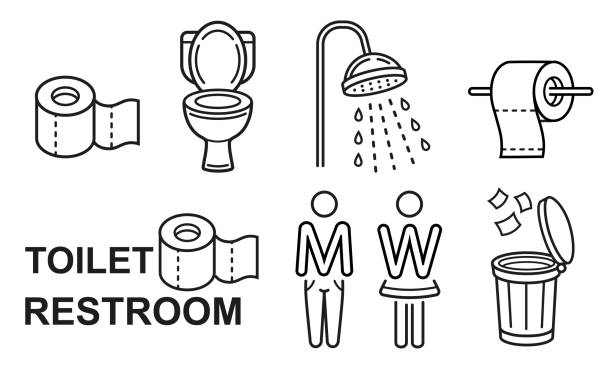 ilustraciones, imágenes clip art, dibujos animados e iconos de stock de baño público, baño wc para hombres y mujeres, rollo de toalla de papel limpio, baño, conjunto de iconos de línea de baño de ducha. baño masculino, femenino. lavabo, baño higiénico. tire la basura en el bote de basura. vector - bodies of water illustrations