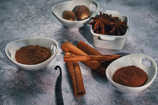 Variation of Spices Chili Powder, Cinnamon, Cayenne Pepper, Nutmeg and Star Anise