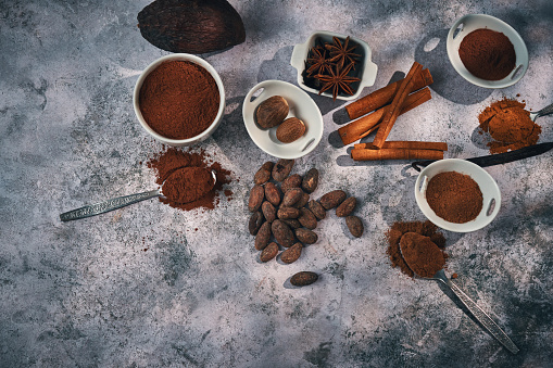 Variation of Spices Chili Powder, Cinnamon, Cayenne Pepper, Nutmeg and Star Anise