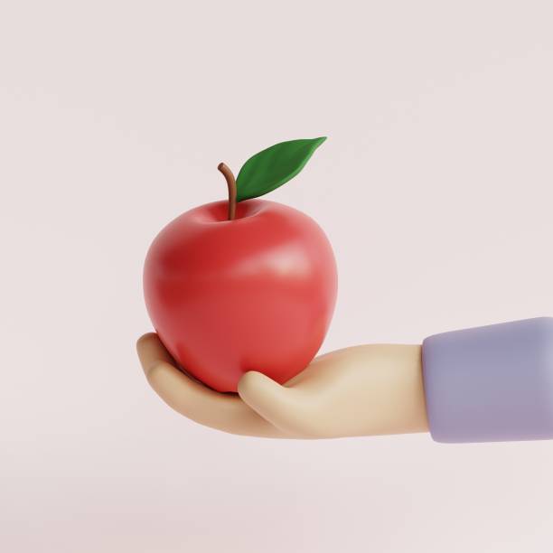 Cartoon hand holding apple. 3d render illustration