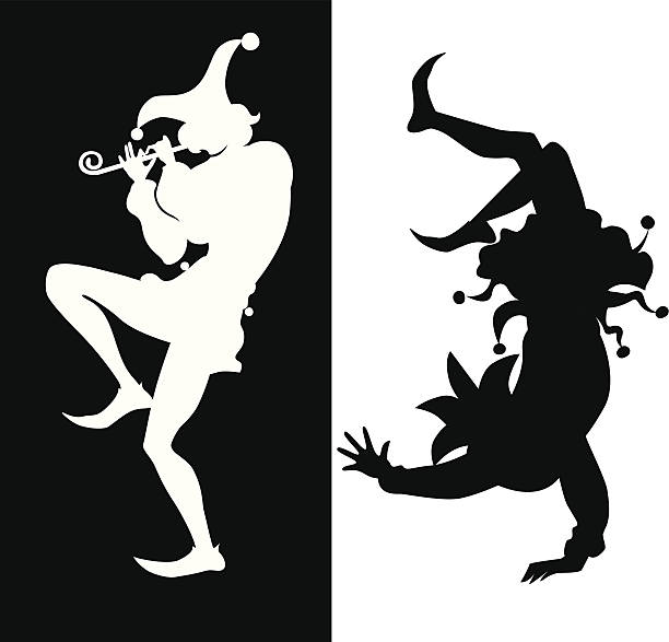 silhouette of two jester vector  illustration of dancing two jester court jester stock illustrations