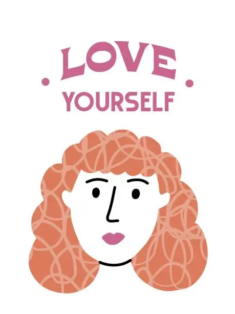 Vector illustration of Colorful funny female head with curly haircut and neutral emotions. Simple vector illustration in line doodle style