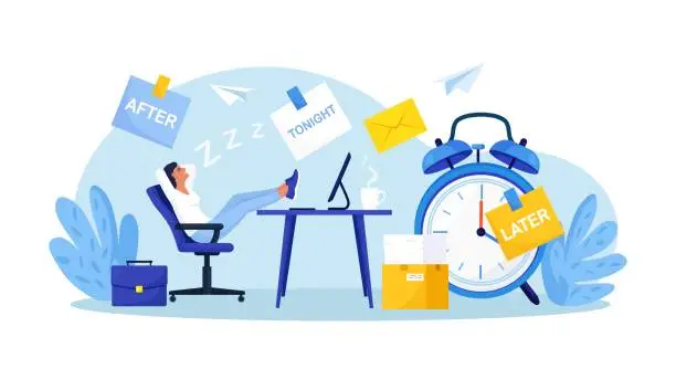 Vector illustration of Procrastination or project deadline. Lazy business woman sitting with his legs on desk, dreaming and procrastinating instead of working. Productivity and efficiency in work. Resting office employee.