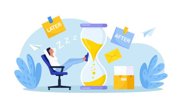 ilustrações de stock, clip art, desenhos animados e ícones de procrastinating lazy business woman sitting in office with his legs up on hourglass. big sticky notes with the word later, after. procrastination and laziness, unproductive employee. break time - waiting women clock boredom