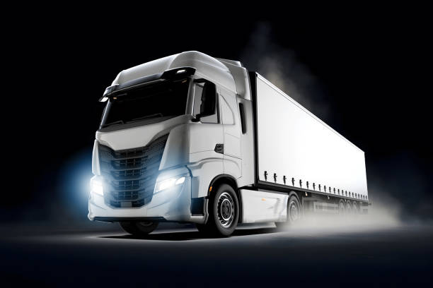 istock Generic and unbranded white truck on a dark smoky background, 3D illustration 1623662009