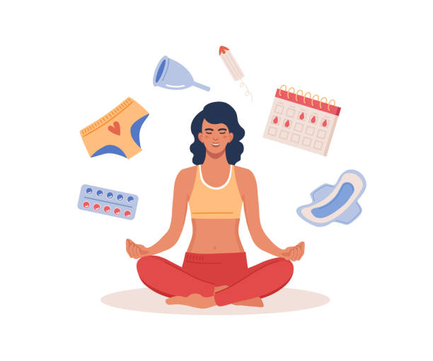 ilustrações, clipart, desenhos animados e ícones de mulher sentada em pose de meditação de lótus no período da menstruação. calendário pms, rastreador. itens para higiene íntima pessoal da mulher. tampão higiênico, absorvente, coletor menstrual reutilizável de silicone, calcinha - tantric buddhism