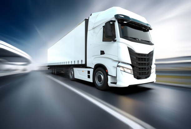 istock Generic and unbranded white truck speed driving at daytime, 3D illustration 1623667357
