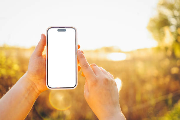 istock Phone in hands with isolated screen at sunset 1623667893