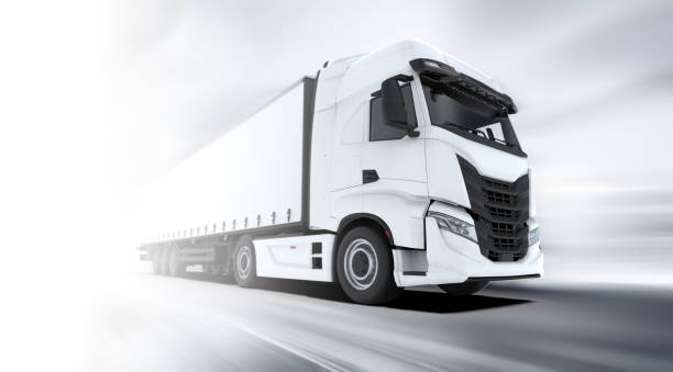 istock Generic and unbranded white truck speed driving on a white background, 3D illustration 1623668958