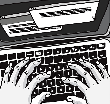 Hands typing on keyboard illustration.