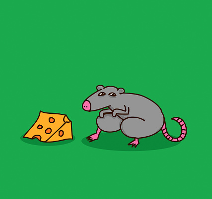 A careful mouse sneaking up to a hunk of cheese.