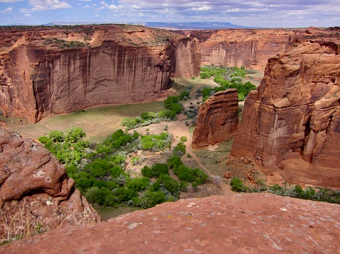 Spectacular view of spring green cottonwood trees. Canyon de Chelly's Chinle Creek is a tributary stream of the San Juan River in Apache County, Arizona. Its name is derived from the Navajo word ch'inili meaning 'where the waters came out'. May 11, 2016.