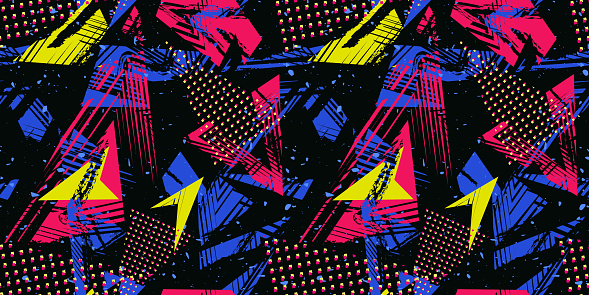 Abstract seamless sport pattern. Urban art vector grunge texture with neon lines, triangles, chaotic brush strokes, ink elements, dots. Colorful graffiti background. Black, blue, pink, yellow colors