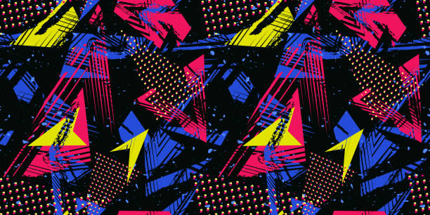 Abstract seamless grunge pattern. Urban art vector texture, sport neon lines Abstract seamless sport pattern. Urban art vector grunge texture with neon lines, triangles, chaotic brush strokes, ink elements, dots. Colorful graffiti background. Black, blue, pink, yellow colors 90s background stock illustrations