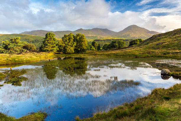 kelly hall tarn, parco nazionale del distretto dei laghi - old man of coniston foto e immagini stock