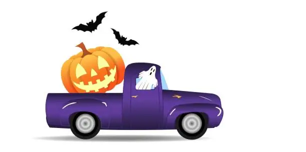 Vector illustration of Happy Halloween truck with Jack O Lantern pumpkin lantern in the back, bats, ghost driving on white background. Wide vector banner for postcards, flyers, leaflets, party invitations