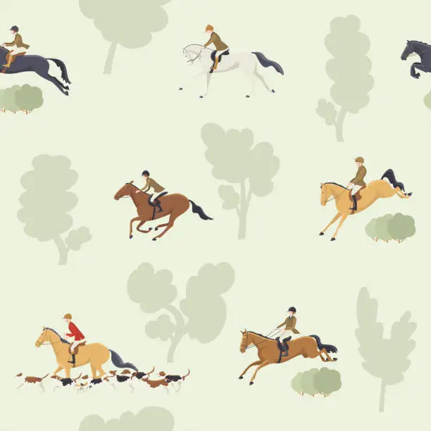 Vector illustration of Tradition fox hunting with horse riders english style on landscape, vector seamless pattern