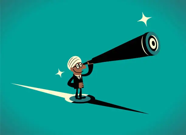 Vector illustration of A businessman standing on a compass looks through a telescope