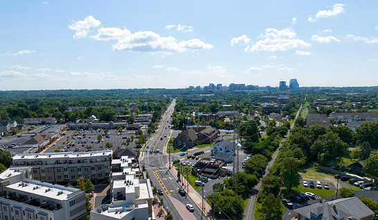 Urban Austin Texas USA Aerial Drone views above South Lamar with two streets leading towards Downtown urban Skyline Cityscape capital cities