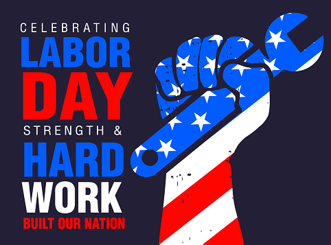 Vector illustration of a Happy Labor Day greeting celebrating Strength and Hard work message with hand holding a wrench on a dark blue background. Download Includes vector eps and jpg file.
