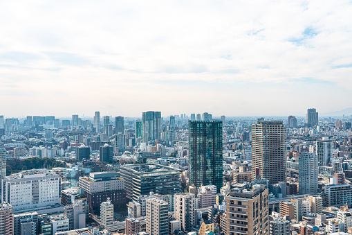 Osaka, Japan - January 11, 2017: Japan city skyline, modern districts of Osaka city  in Japan