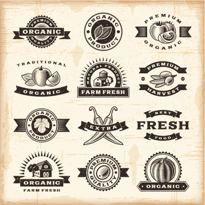 A set of of fully editable vintage organic harvest stamps in woodcut style. EPS10 vector illustration. Includes high resolution JPG.