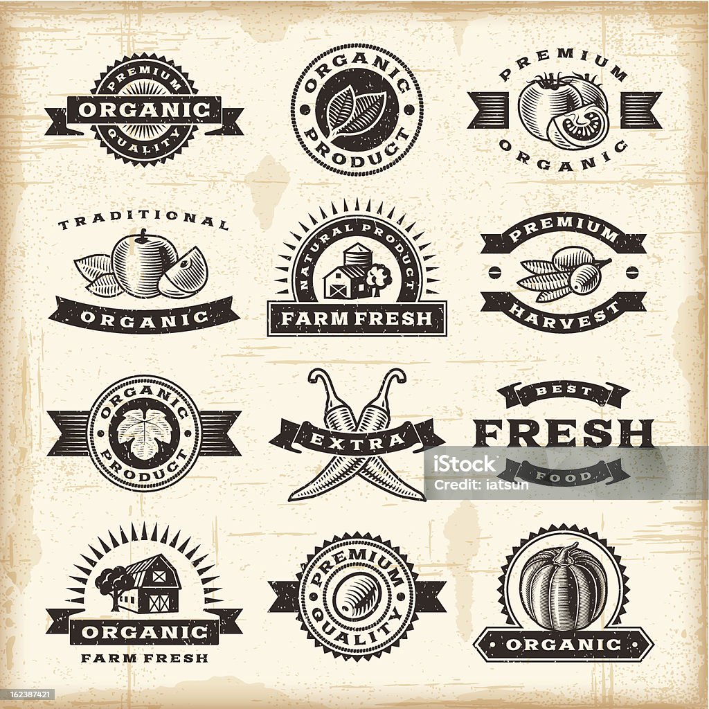 Vintage organic harvest stamps set A set of of fully editable vintage organic harvest stamps in woodcut style. EPS10 vector illustration. Includes high resolution JPG. Retro Style stock vector