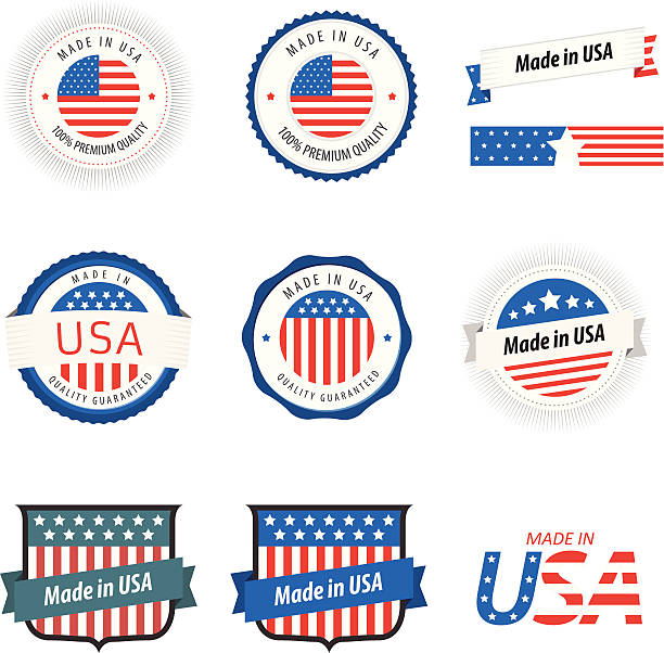 made in usa etiketten, abzeichen und aufkleber - usa made in the usa industry striped stock-grafiken, -clipart, -cartoons und -symbole