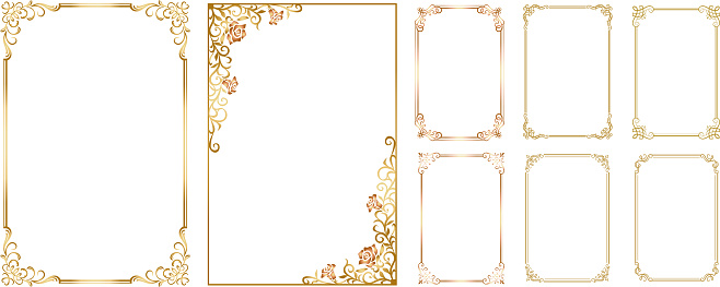 Set of Decorative vintage frames and borders set. Gold photo frame for picture. Vector border design