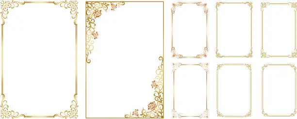 Vector illustration of Set of Decorative vintage frames and borders set. Gold photo frame for picture. Vector border design.