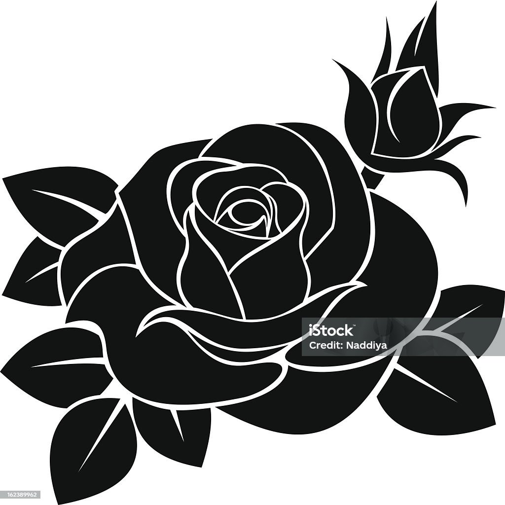 Black silhouette illustration of a rose, rosebud, and leaves Vector illustration of  black silhouette of rose with rosebud and leaves on a white background. Tattoo stock vector