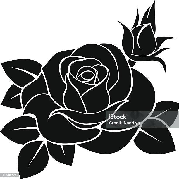 Black Silhouette Illustration Of A Rose Rosebud And Leaves Stock Illustration - Download Image Now
