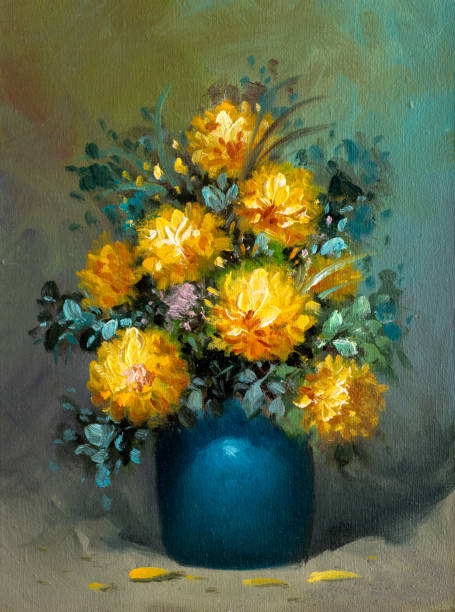 Chrysanthemum Bouquet in Blue Vase Oil Painting Still life oil painting depicting a bouquet of Chrysanthemum flowers in a blue vase. fine art image pictures stock illustrations