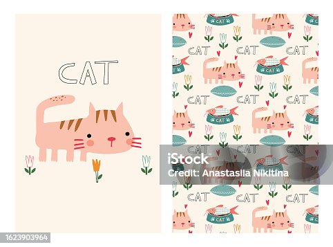 istock set of illustrations and patterns with a ginger cat, flowers and a portion of fish on a beige background. 1623903964