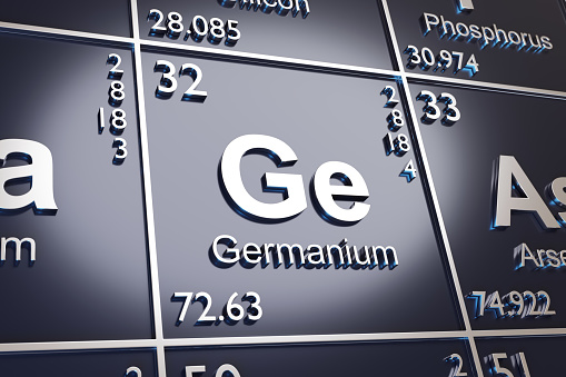 The element Germanium on the periodic table. 3d illustration.