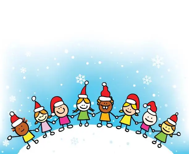 Vector illustration of christmas children holding hands